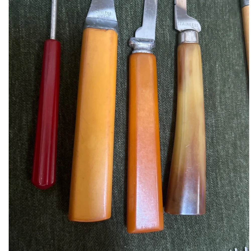 Vtg Mixed Lot Bakelite Flatware Butterscotch Yellow Cherry Red 15Pc MCM Art Deco